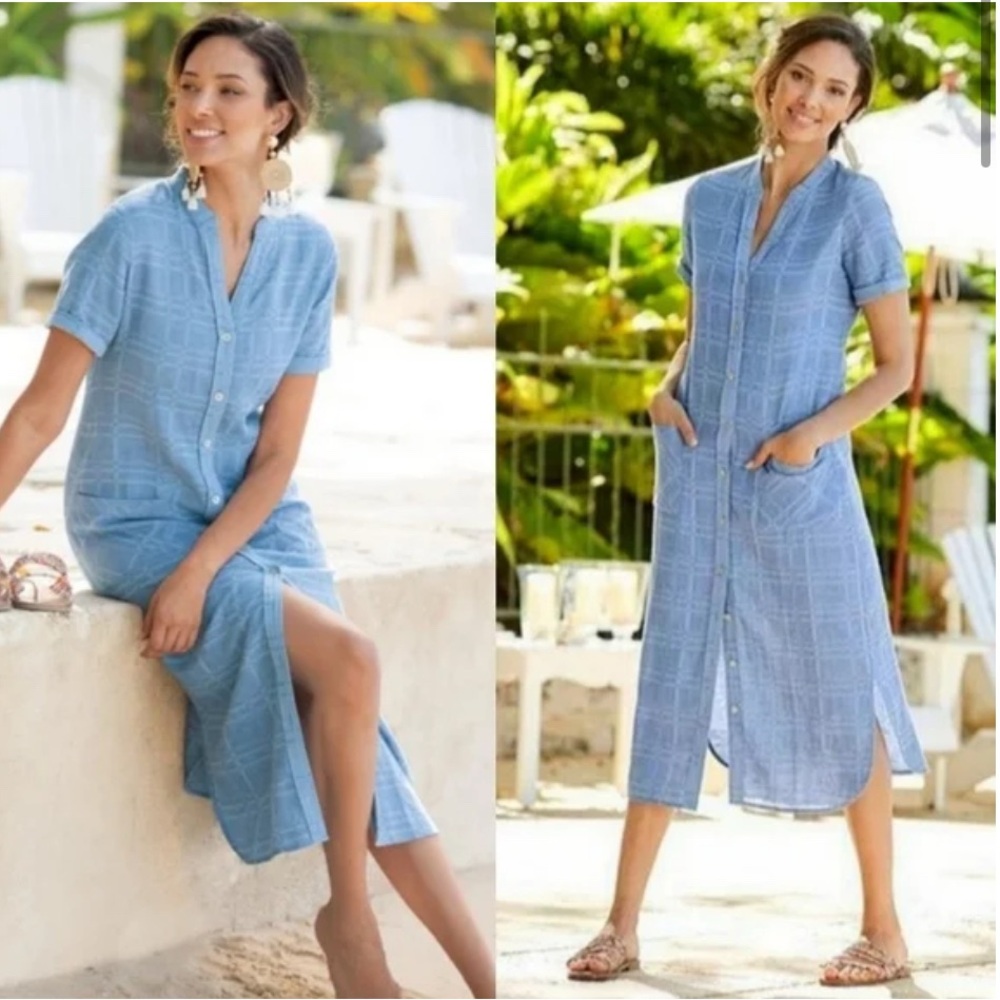 Soft Surroundings Block Party Blue Midi Linen Dress Size Medium